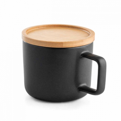 Керамична чаша с капак и бамбукова основа 220 мл, Черна